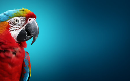 Colorful macaw parrot on blue background with copy space.の素材