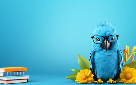 Blue parrot with glasses and books on blue background. 3d illustrationの素材