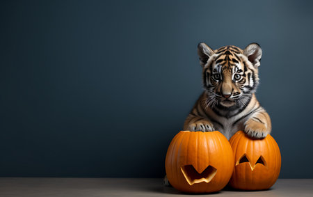 Cute tiger with pumpkins on gray background. Halloween celebration conceptの素材