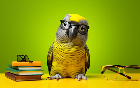 Yellow parrot with eyeglasses and books on a green backgroundの素材