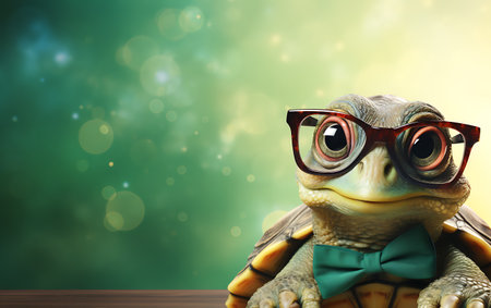 Funny turtle wearing glasses and bow tie on green bokeh backgroundの素材