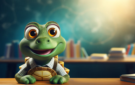 Funny frog in the classroom. Educational concept. 3d renderingの素材