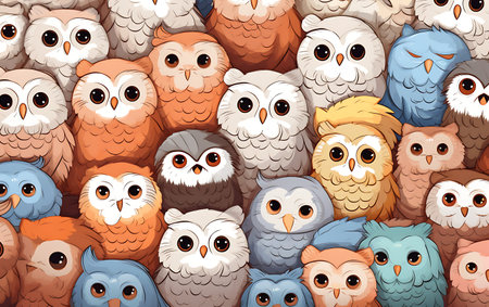 Group of cute cartoon owls with different emotions. Vector illustration.の素材