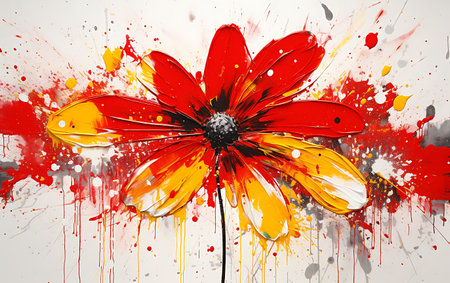 abstract red flower with watercolor paint splashes on white backgroundの素材