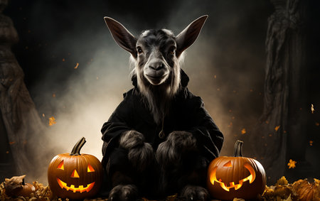 cute goat sitting in halloween pumpkin decoration with smoke on backgroundの素材