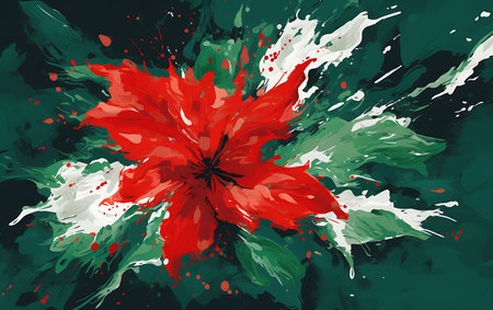 Red poinsettia on green grunge background. Vector illustration.の素材