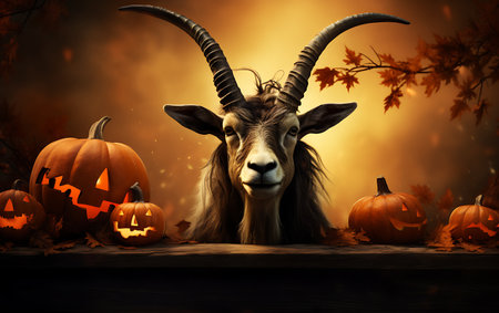 Halloween background with goat and pumpkins. 3d rendering.の素材