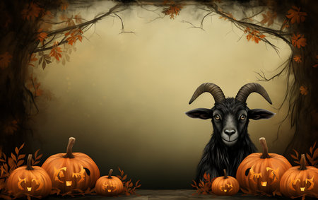 Halloween background with black goat, pumpkins and autumn leaves.の素材
