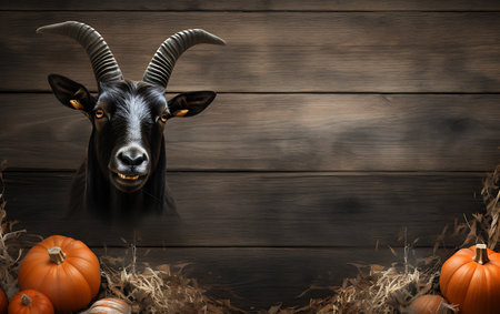 Black goat with pumpkins and hay on wooden background. halloween conceptの素材