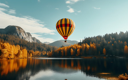 Colorful hot air balloon flying over mountain lake. 3D renderingの素材