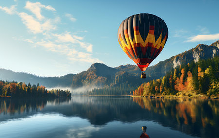 Colorful hot air balloon flying over mountain lake. 3D renderingの素材