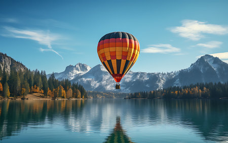 Hot air balloon over alpine lake. 3D Rendering.の素材