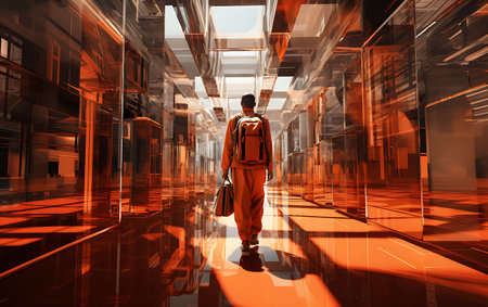 Back view of businessman walking in modern office corridor with orange light. mixed-mediaの素材
