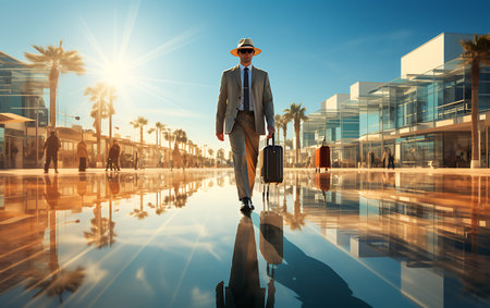 Businessman with suitcase walking in airport terminal. Travel and tourism conceptの素材