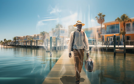 African american man with suitcase walking on pier. Travel and vacation conceptの素材