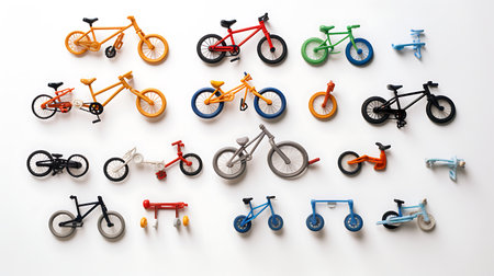 Colorful children's bicycles on a white background, top view.の素材
