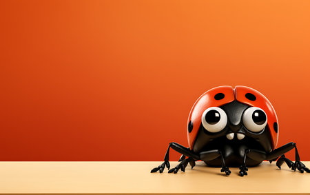 3d illustration of ladybug cartoon character on table over orange backgroundの素材