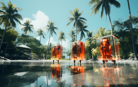 Tropical beach with palm trees and mannequins.の素材