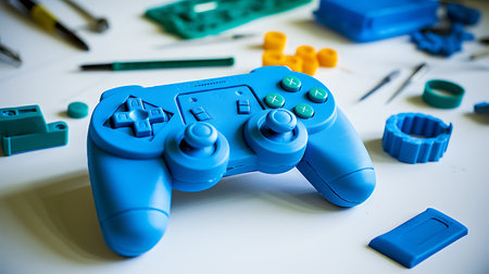 Video game controller and tools on a white background. Selective focus.の素材