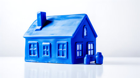 Blue plastic toy house isolated on a white background. Real estate concept.の素材