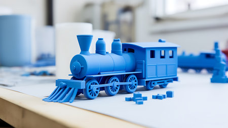 Blue toy train on white background. Toy train. Toy train.の素材