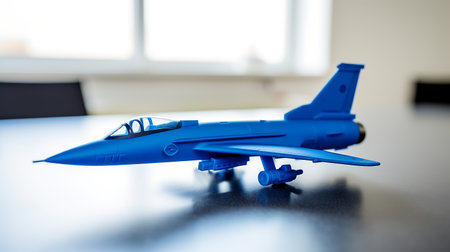 Blue toy airplane on table in office. Shallow depth of field.の素材