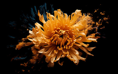 Yellow chrysanthemum on a black background with colored smokeの素材