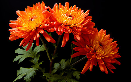 Beautiful orange chrysanthemum flowers on a black backgroundの素材