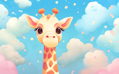 Cute cartoon giraffe in the sky with clouds. Vector illustration.の素材