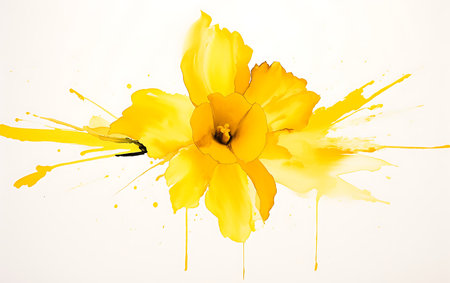 yellow daffodil on a white background with yellow paint splashesの素材