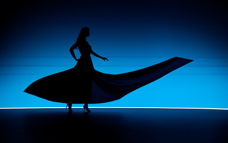 Silhouette of a beautiful woman in a long dress against a blue backgroundの素材