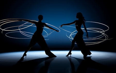 Silhouettes of dancing couple on blue background, 3d renderの素材