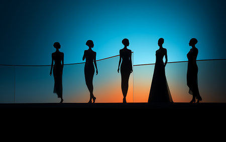 Silhouette of women in evening dresses on the background of the night cityの素材