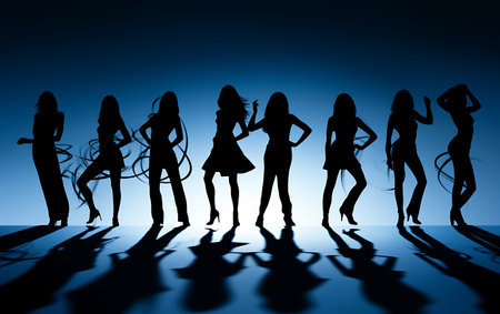Silhouette of a group of beautiful women on a blue backgroundの素材