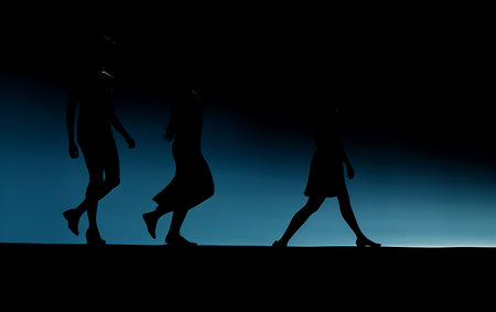 Silhouette of a group of women walking in the night.の素材
