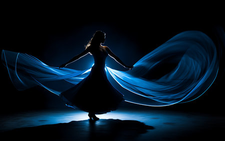 Young beautiful ballerina dancing on stage with blue cloth in darkの素材