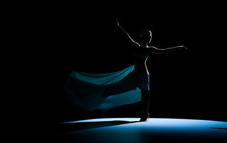 silhouette of ballerina dancing on stage with blue clothの素材