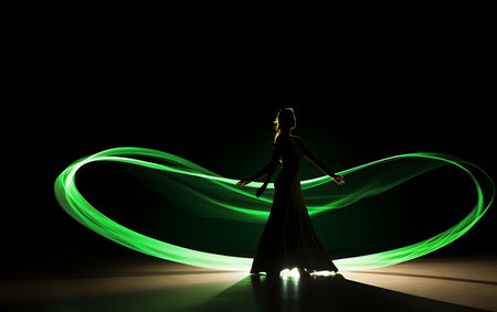 Silhouette of beautiful woman in long evening dress dancing on dark backgroundの素材