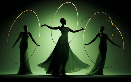 Silhouettes of three beautiful women in evening dresses on green backgroundの素材