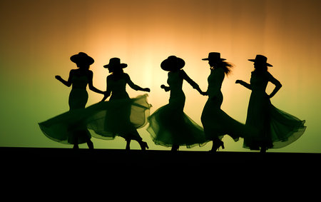 Silhouette of a group of women dancing flamenco at sunsetの素材