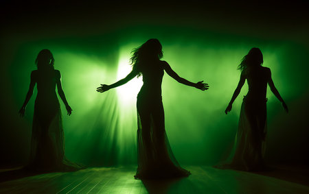 Silhouettes of women dancing in a dark room with green lightsの素材