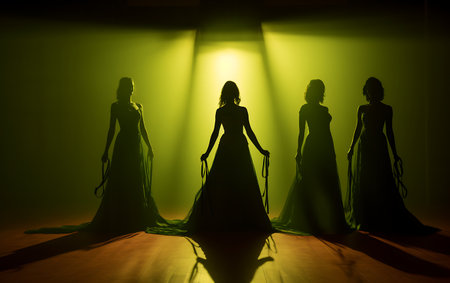 Silhouettes of three beautiful women in evening dresses in a room with lightの素材