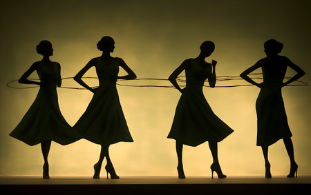Silhouettes of women in evening dresses on a dark background.の素材