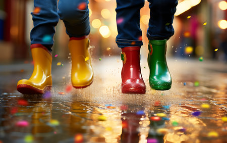 Children's legs in rubber boots on the background of bokehの素材