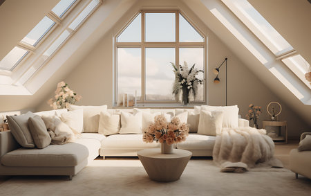 Interior of attic living room with sofa and window. 3d renderingの素材