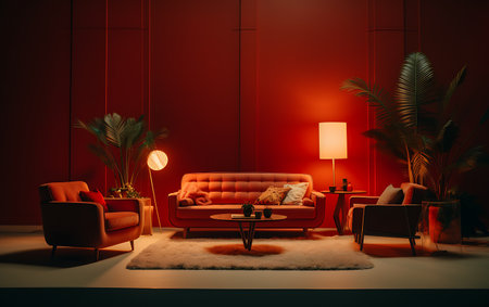 Modern living room with red wall, sofa and armchairs. 3d renderingの素材