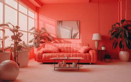 Interior of modern living room with red walls, concrete floor, comfortable sofa and coffee table. 3d renderingの素材