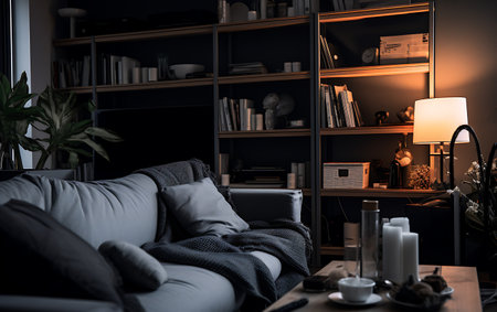 Interior of modern living room with comfortable sofa, lamp and bookshelfの素材
