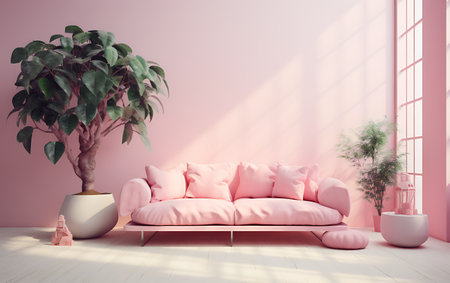 interior with pink sofa and plant, 3d render illustration mock upの素材