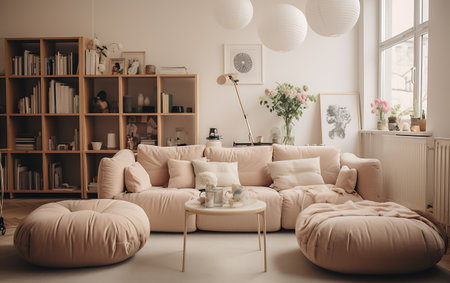 interior of modern living room with beige sofa and coffee tableの素材